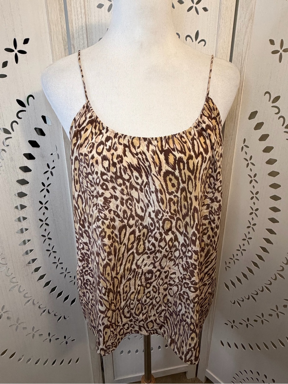 Tucker 100% Silk Leopard Print Spaghetti-Strap Cami Tank Top in Brown and Cream